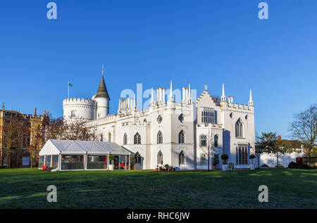 Side view of Strawberry Hill House with its round tower, turret and battlements, a Gothic Revival villa in Twickenham, London built by Horace Walpole Stock Photo