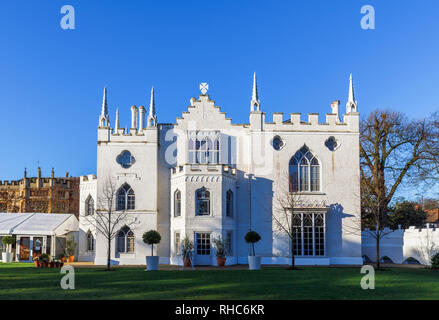 Side view of Strawberry Hill House with its turrets and chimneys, a Gothic Revival villa in Twickenham, London built by Horace Walpole Stock Photo