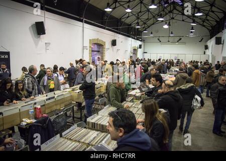 A general view of people seen searching for vinyl during the event. Vinyl Market is a festival with many new disc collections, many collectibles and new releases. It also has collections of other music themes, CDs, Posters, music magazines, books and many other related exhibits. Stock Photo
