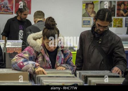 Athens, Greece. 1st Feb, 2019. People seen searching for vinyl during the event.Vinyl Market is a festival with many new disc collections, many collectibles and new releases. It also has collections of other music themes, CDs, Posters, music magazines, books and many other related exhibits. Credit: Nikolas Joao Kokovlis/SOPA Images/ZUMA Wire/Alamy Live News Stock Photo