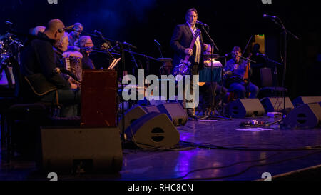 Glasgow, Scotland, UK. 1st February, 2019. Performing at the Glasgow Royal Concert Hall for Transatlantic Sessions during Celtic Connections 2019, is the house band, led by Aly Bain and dobro virtuoso, Jerry Douglas, with Russ Barenberg, Phil Cunningham, John Doyle, Michael McGoldrick, John McCusker, Donald Shaw, Daniel Kimbro, and James Mackintosh. Celtic Connections is the largest winter music festival of its kind, and the UK's premier celebration of celtic music. Iain McGuinness / Alamy Live News Stock Photo