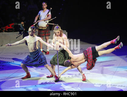 Kiev, Ukraine. 01st Feb, 2019. Circus artists seen performing during the show. The new international show 'Black and White' of German modern circus at the Ukrainian National Circus in Kiev, Ukraine. The show will be staged from February 2 till April 21. Credit: SOPA Images Limited/Alamy Live News Stock Photo