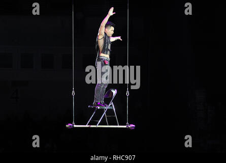 Kiev, Ukraine. 01st Feb, 2019. Circus artists seen performing on a swing during the show. The new international show 'Black and White' of German modern circus at the Ukrainian National Circus in Kiev, Ukraine. The show will be staged from February 2 till April 21. Credit: SOPA Images Limited/Alamy Live News Stock Photo