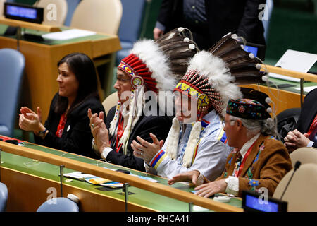 New York, USA. 01st Feb, 2019. Participants from Canada attend the launch ceremony of the International Year of Indigenous Languages at the UN headquarters in New York, Feb. 1, 2019. UN General Assembly (UNGA) president on Friday urged the international community to better 'recover' and 'preserve' indigenous languages. Credit: Xinhua/Alamy Live News Stock Photo