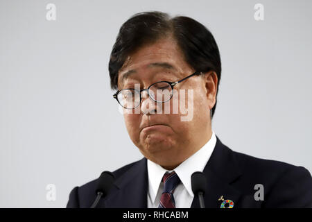 Tokyo, Japan. 1st Feb, 2019. Japan's automaker Mitsubishi Motors chairman and CEO Osamu Masuko announces the company's third-quarter financial result ended December 31 at the Mitsubishi Motors headquarters in Tokyo on Friday, February1, 2019. Masuko joined a video conference with Nissan Motor president Hiroto Saikawa and Renault SA chairman Jean-Dominique Senard to maintain their alliance on January 31 after former boss Carlos Ghosn was arrested by Japanese prosecutors over alleged financial misconduct. Credit: Yoshio Tsunoda/AFLO/Alamy Live News Stock Photo