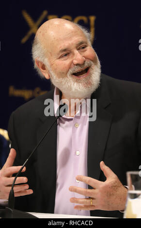 Tokyo, Japan. 1st Feb, 2019. American film director and actor Rob Reiner delivers a speech for his latest movie 'Shock and Awe' at the Foreign Correspondents' Club of Japan in Tokyo on Friday, February1, 2019. Shock and Awe is a story of the Knight-Ridder journalists to scoop the facts on the Iraq war and America's involvement. Credit: Yoshio Tsunoda/AFLO/Alamy Live News Stock Photo