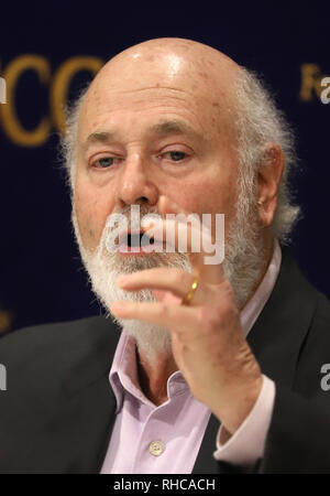 Tokyo, Japan. 1st Feb, 2019. American film director and actor Rob Reiner delivers a speech for his latest movie 'Shock and Awe' at the Foreign Correspondents' Club of Japan in Tokyo on Friday, February1, 2019. Shock and Awe is a story of the Knight-Ridder journalists to scoop the facts on the Iraq war and America's involvement. Credit: Yoshio Tsunoda/AFLO/Alamy Live News Stock Photo