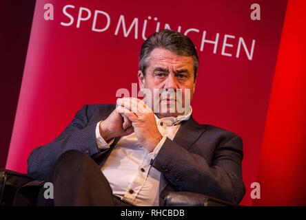 Munich, Bavaria, Germany. 2nd Feb, 2019. Former German Foreign Minister and Vice-Chancellor SIGMAR GABRIEL during an appearance with Bundestag member Florian Post at Munich's Literaturhaus. In support of his new book Zeitenwende in der Politik, the former German Foreign Minister and Vice Chancellor SIGMAR GABRIEL appeared in Munich with fellow SPD Bundestag member Florian Post. Gabriel and Post discussed topics including the questions around the US partnership with Europe where the former no longer feels responsible for the security of the latter. Further topics included a lack of cohe Stock Photo