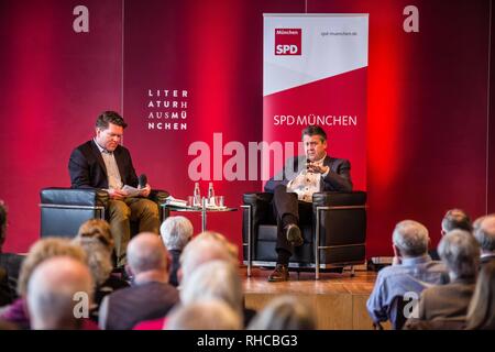 Munich, Bavaria, Germany. 2nd Feb, 2019. In support of his new book Zeitenwende in der Politik, the former German Foreign Minister and Vice Chancellor SIGMAR GABRIEL appeared in Munich with fellow SPD Bundestag member Florian Post. Gabriel and Post discussed topics including the questions around the US partnership with Europe where the former no longer feels responsible for the security of the latter. Further topics included a lack of cohesion of the European Union, NATO, right-radicalism, and China. Gabriel withdrew from his position as Foreign Minister in 2018 and since the right-extr Stock Photo