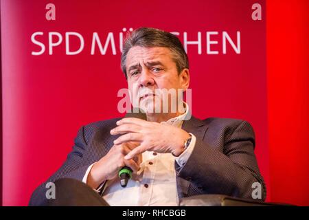 Munich, Bavaria, Germany. 2nd Feb, 2019. Former German Foreign Minister and Vice-Chancellor SIGMAR GABRIEL during an appearance with Bundestag member Florian Post at Munich's Literaturhaus. In support of his new book Zeitenwende in der Politik, the former German Foreign Minister and Vice Chancellor SIGMAR GABRIEL appeared in Munich with fellow SPD Bundestag member Florian Post. Gabriel and Post discussed topics including the questions around the US partnership with Europe where the former no longer feels responsible for the security of the latter. Further topics included a lack of cohe Stock Photo
