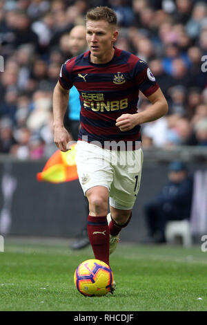 Wembley Stadium, London, UK. 2nd February 2019. Matt Ritchie of Newcastle United in action. EPL Premier League match, Tottenham Hotspur v Newcastle United at Wembley Stadium in London on Saturday 2nd February 2019.  this image may only be used for Editorial purposes. Editorial use only, license required for commercial use. No use in betting, games or a single club/league/player publications . pic by Steffan Bowen/Andrew Orchard sports photography/Alamy Live news Stock Photo