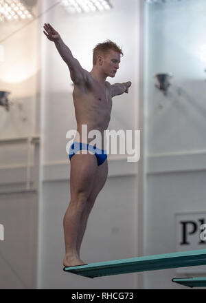 Plymouth, UK. 2nd February 2019. James Heatly - EDC in Men's 3M Final during British National Diving Cup 2019 at Plymouth Life Centre on Saturday, 02 February 2019. PLYMOUTH ENGLAND.  (Editorial use only, license required for commercial use. No use in betting, games or a single club/league/player publications.) Credit: Taka G Wu/Alamy News Credit: Taka Wu/Alamy Live News Stock Photo