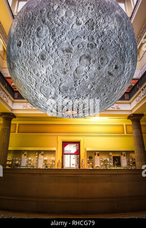Preston UK, 2nd February 2019. The Harris Museum and Library in Preston opened its doors to the 'Museum of the Moon' exhibition today. British installation artist Luke Jerram's 23-foot high, three dimensional moon model is suspended in the centre of the Grade 1 listed building. Visitors to the exhibition will also hear music composed by BAFTA and Ivor Novello award winning composer Dan Jones. The exhibition runs until Sunday 24th February. Credit: Paul Melling/Alamy Live News