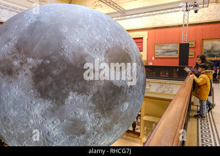 Preston UK, 2nd February 2019. The Harris Museum and Library in Preston opened its doors to the 'Museum of the Moon' exhibition today. British installation artist Luke Jerram's 23-foot high, three dimensional moon model is suspended in the centre of the Grade 1 listed building. Visitors to the exhibition will also hear music composed by BAFTA and Ivor Novello award winning composer Dan Jones. The exhibition runs until Sunday 24th February. Credit: Paul Melling/Alamy Live News