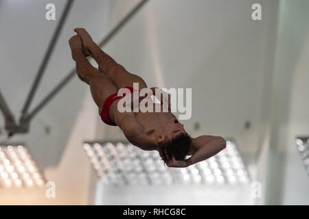 Plymouth, UK. 2nd February 2019. Ross Haslam - COSD in Men's 3M Final during British National Diving Cup 2019 at Plymouth Life Centre on Saturday, 02 February 2019. PLYMOUTH ENGLAND.  (Editorial use only, license required for commercial use. No use in betting, games or a single club/league/player publications.) Credit: Taka G Wu/Alamy News Credit: Taka Wu/Alamy Live News Stock Photo