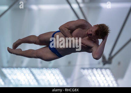 Plymouth, UK. 2nd February 2019. James Heatly - EDC in Men's 3M Final during British National Diving Cup 2019 at Plymouth Life Centre on Saturday, 02 February 2019. PLYMOUTH ENGLAND.  (Editorial use only, license required for commercial use. No use in betting, games or a single club/league/player publications.) Credit: Taka G Wu/Alamy News Credit: Taka Wu/Alamy Live News Stock Photo