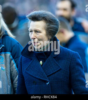 Scotland, UK. 2nd Feb 2019. : Anne, the Princess Royal met the players before the kick off    as Scotland play host to Italy in their opening game of the 2019 6 Nations Championship at Murrayfield Stadium, Edinburgh on February 2nd, 2019.  (Photo by Ian Jacobs) Credit: Ian Jacobs/Alamy Live News Credit: Ian Jacobs/Alamy Live News Stock Photo