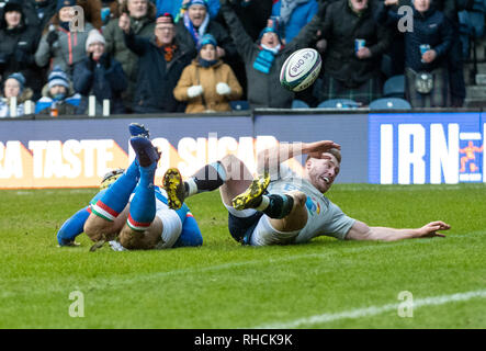 Scotland, UK. 2nd Feb 2019. : Scotland Full-Back, Stuart Hogg, grounds the ball to score  during the second half as Scotland play host to Italy in their opening game of the 2019 6 Nations Championship at Murrayfield Stadium, Edinburgh on February 2nd, 2019.  (Photo by Ian Jacobs) Credit: Ian Jacobs/Alamy Live News Credit: Ian Jacobs/Alamy Live News Stock Photo