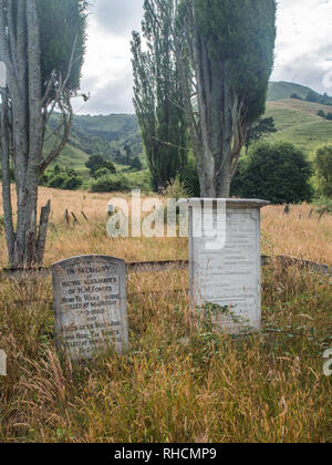 Two memorial gravestones for government soldiers killed May 1869 by Tuhoe warriors resisting invasion, Ruatahuna, Te Urewera, North Island New Zealand Stock Photo