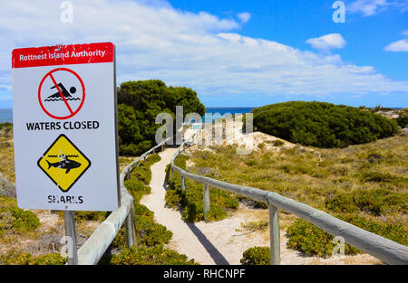 An old warning sign on a path to an idyllic beach in Rottnest Island, advising tourists not to swim because of shark danger in the clear blue water Stock Photo