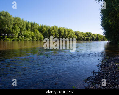 Scenic view of the Hutt River flowing past lush green trees under a clear blue sky with a rocky riverbank in the foreground Stock Photo