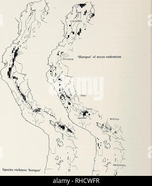 . Bonner zoologische Monographien. Zoology. 28. Fig.l:'Hotspots' of species richness and mean endemism for highland birds in the tropical Andes region. 'Hotspots' are defined here as the 200 top-scoring cells: the first 50 cells have the largest symbols, etc. The mapping was done using the WorldMap software (Williams 1994) in the form of conservative range maps (in a 15'xl5' grid) for all bird species which are well established above 2500 m (at least locally) (see Fjeldsä et al. 1999). The mean endemism is calculated as the mean inverse range-size for all species. These maps were made from a d Stock Photo