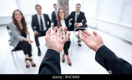 businesswoman, teacher or mentor coach speaking to young people Stock Photo