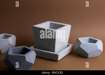 set of concrete pots,  trendy element of  modern interior design Stock Photo