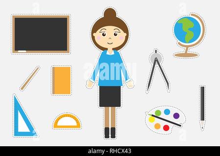 Different colorful school pictures for children, fun education game for kids, preschool activity, set of stickers, vector illustration Stock Vector