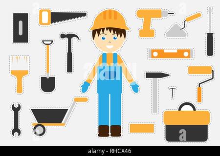 Different colorful construction pictures for children, fun education game for kids, preschool activity, set of stickers, vector illustration Stock Vector