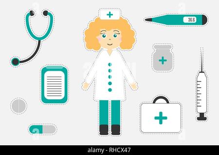 Different colorful medical pictures for children, fun education game for kids, preschool activity, set of stickers, vector illustration Stock Vector