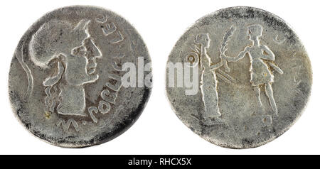 Roman Republic Coin. Ancient Roman silver denarius of the family Poblicia. Stock Photo