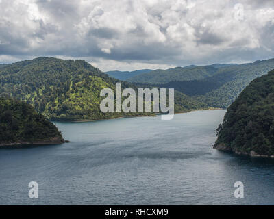 A gust of wind makes ripples on the water, Whanganui Inlet from Waihirere Bluff, Lake Waikaremona, Te Urewera National Park, North Island, New Zealand Stock Photo