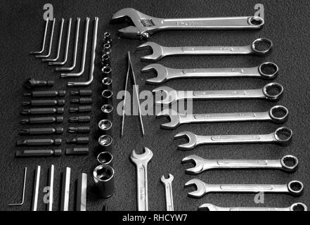 Universal tools kit for mechanics laid out in order Stock Photo