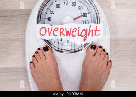 Close-up Of Woman's Feet On Weighing Scale Indicating Overweight Stock Photo