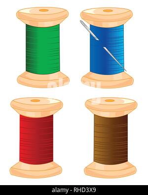 Wooden spools with colour thread on white background is insulated Stock Vector
