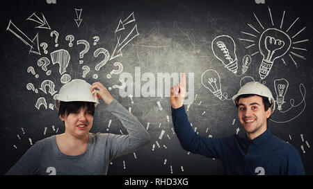 Man and woman engineers thinking together with question marks and light bulbs above head. Different emotions for solving problems. Business teamwork a Stock Photo