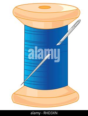 Wooden spool with blue thread and needle on white background is insulated Stock Vector