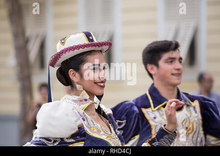 Gorizia, Italy - August 27, 2017: Folk dancers from Puerto Montt, Chile performs traditional dance in the International Folklore Festival, Gorizia, IT Stock Photo