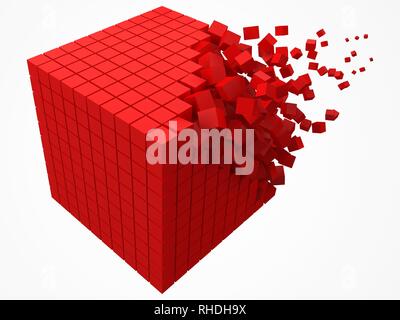 dissolving data block. made with smaller red cubes. 3d pixel style vector illustration. Stock Vector