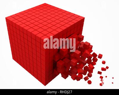 dissolving data block. made with smaller red cubes. 3d pixel style vector illustration. Stock Vector