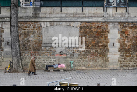 Paris, France - October 2, 2018. Homeless people on the streets of Paris, France. At least 3,000 people are sleeping rough on the streets of Paris. Stock Photo