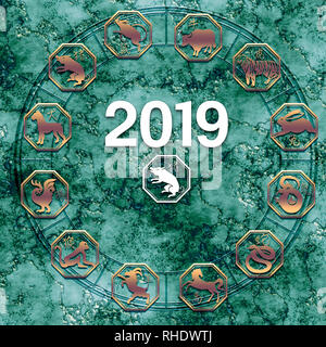 Chinese astrology wheel with all signs of the Chinese zodiac and 2019 year of the Pig Stock Photo