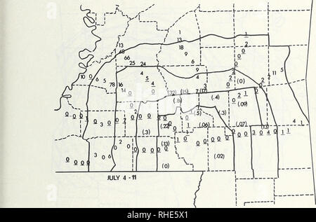 . Boll weevil suppression, management, and elimination technology : proceedings of a conference, February 13-15, 1974, Memphis, Tennessee. Boll weevil, Control, Congresses. Figure 2.—Numbers of boll weevils/10 Leggett traps, June 6-13, 1973. Noncottonfield sites underlined; unit averages in brackets.. Figure 3.—Numbers of boll weevils/10 Leggett traps, July 4-11, 1973. Noncottonfield sites underlined; unit averages in brackets. 105. Please note that these images are extracted from scanned page images that may have been digitally enhanced for readability - coloration and appearance of these ill Stock Photo