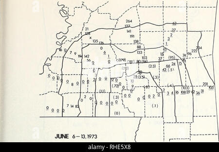 . Boll weevil suppression, management, and elimination technology : proceedings of a conference, February 13-15, 1974, Memphis, Tennessee. Boll weevil, Control, Congresses. Figure 2.—Numbers of boll weevils/10 Leggett traps, June 6-13, 1973. Noncottonfield sites underlined; unit averages in brackets.. Please note that these images are extracted from scanned page images that may have been digitally enhanced for readability - coloration and appearance of these illustrations may not perfectly resemble the original work.. I. Research on Boll Weevil Suppression and Elimination Technology and II. Bo Stock Photo