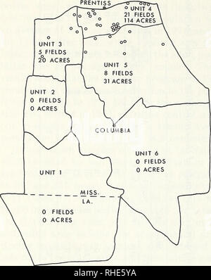 . Boll weevil suppression, management, and elimination technology : proceedings of a conference, February 13-15, 1974, Memphis, Tennessee. Boll weevil, Control, Congresses. Figure 5.-—Location anchnumber of boll weevil infested fields and acres detected in the units of the eradica- tion zone in 1973. infestations. The sampling methods employed by APHIS personnel in detecting infestations were as effective as the methods used in the in- tensive sampling study.3 From the week of May 9 through August 8 in the first buffer zone, 49 native adults were found in 29 trap crops, and 39 native adults we Stock Photo