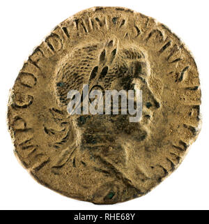 Ancient Roman bronze sertertius coin of Emperor Gordian III. Obverse. Stock Photo