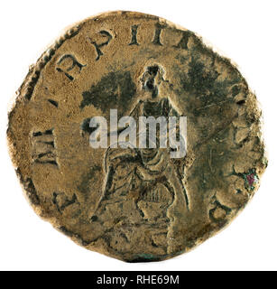 Ancient Roman bronze sertertius coin of Emperor Gordian III. Reverse. Stock Photo