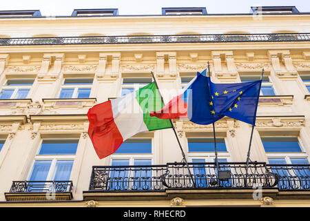 italian and european flags and other flag on a balcony Stock Photo