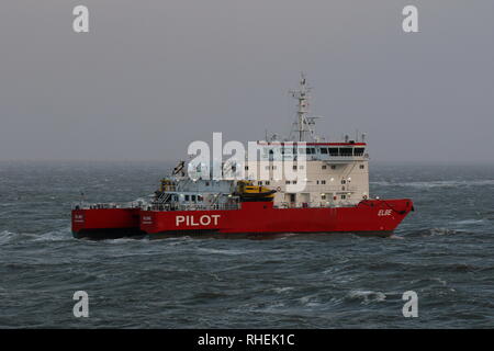 The pilot ship Elbe Pilot waits in front of the port of Cuxhaven on 1 January 2019 for ships. Stock Photo